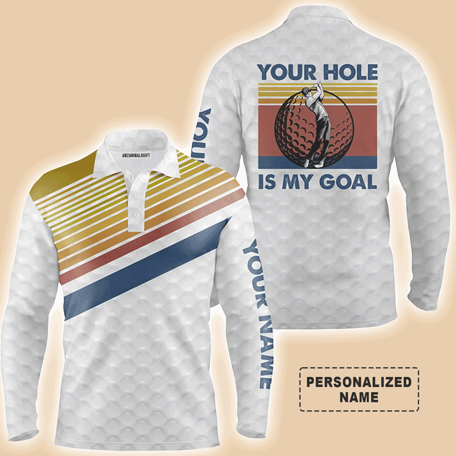 Custom Golf Long Sleeve Men Polo Shirt-Custom Name Vintage Golf Balls -Your Hole Is My Goal Men Golf Polo Shirt-Perfect Polo Shirt For Men, Golf Lover
