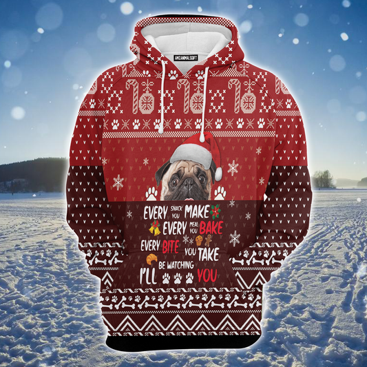 Pug Xmas Premium Christmas Hoodie, I Will Be Watching You Unisex Hoodie For Men & Women - Perfect Gift For Christmas, Pug Lovers