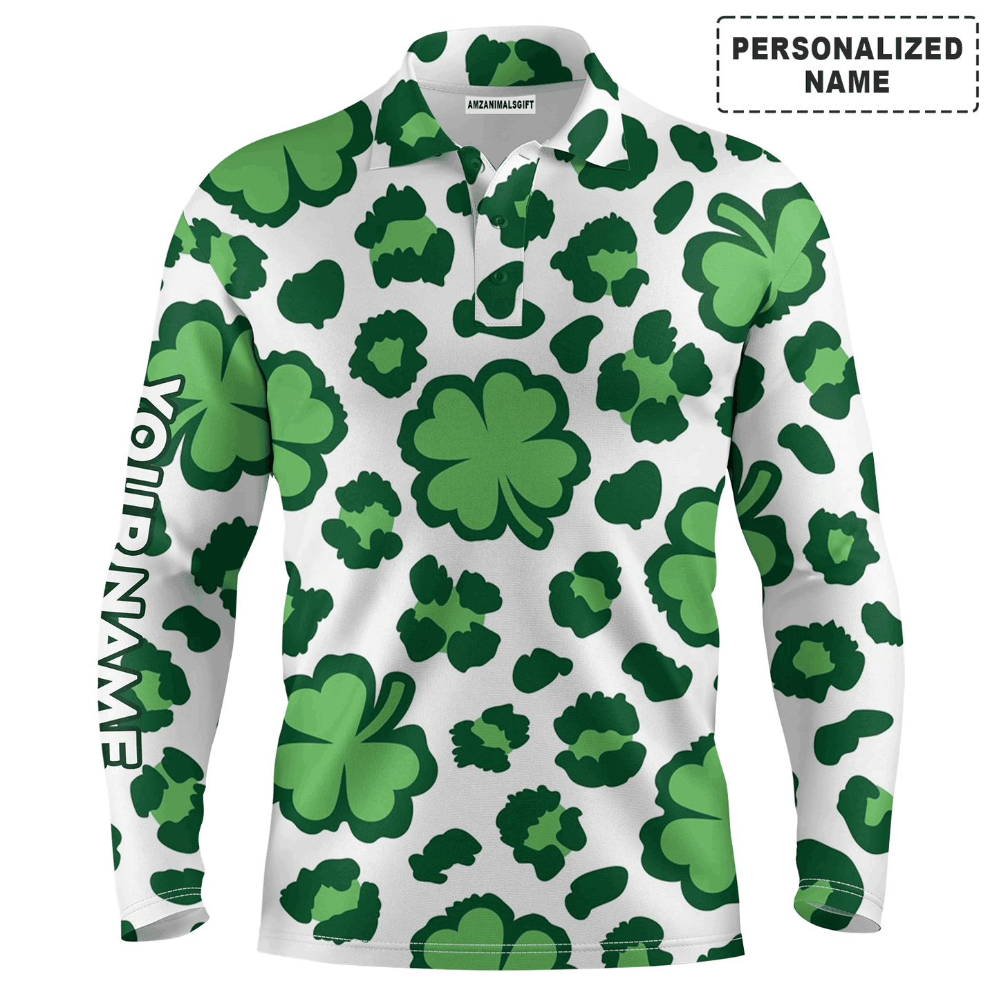 Custom Golf Long Sleeve Men Polo Shirt - Custom Name Clover And Leopard Pattern St. Patrick's Day Apparel For Golf Lover, Men