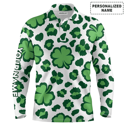 Custom Golf Long Sleeve Men Polo Shirt - Custom Name Clover And Leopard Pattern St. Patrick's Day Apparel For Golf Lover, Men