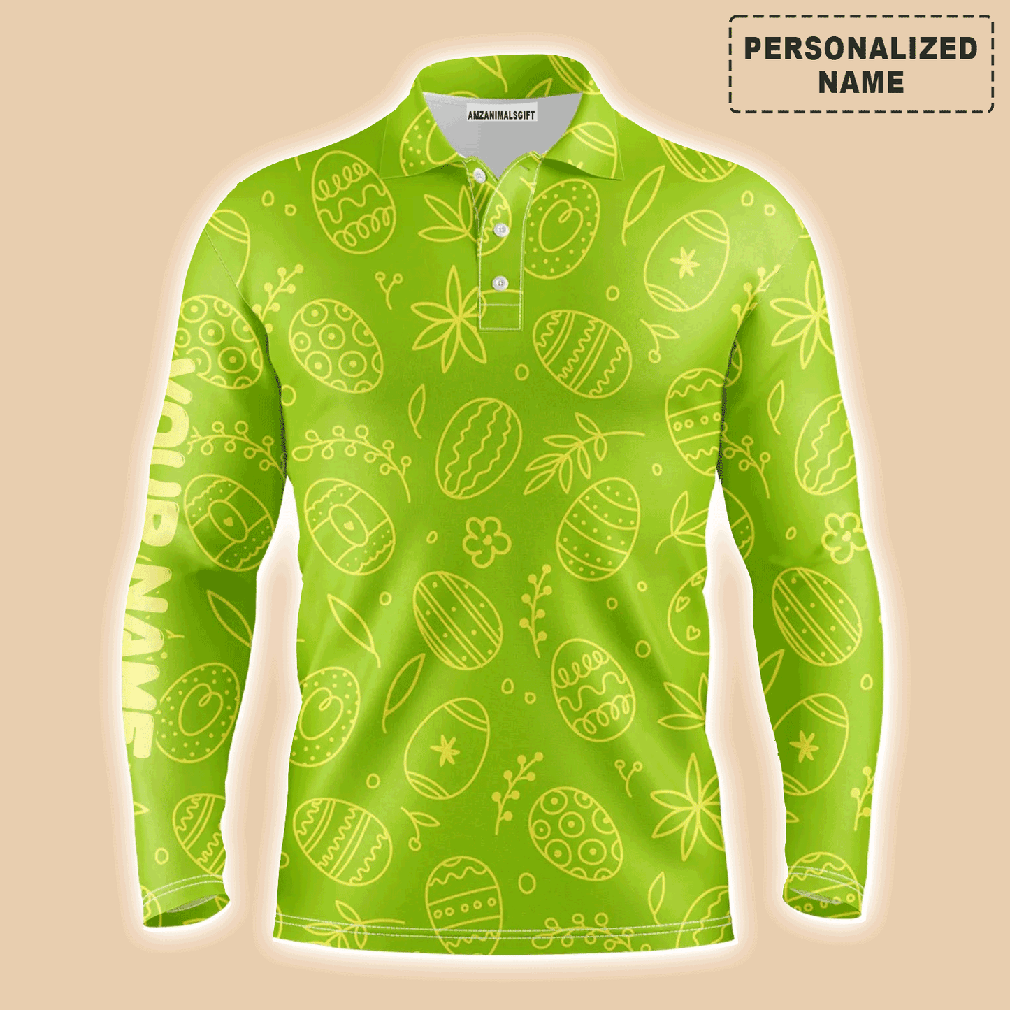 Custom Golf Long Sleeve Men Polo Shirt - Lime Green Easter Eggs Pattern Custom Name Polo Shirt - Personalized Gift For Golf Lover, Men, Easter's Day