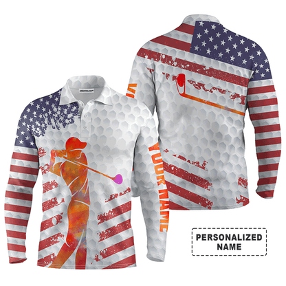 Custom Golf Long Sleeve Men Polo Shirt - Custom Name American Flag 4th of July White Golf Balls Skin Men Polo Shirt For Golf Lover