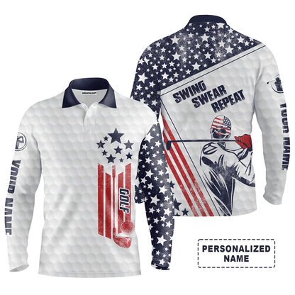 Custom Golf Long Sleeve Men Polo Shirt, Custom Name White American Flag Swing Swear Repeat Apparel- Perfect Gift For men, Golf Lover