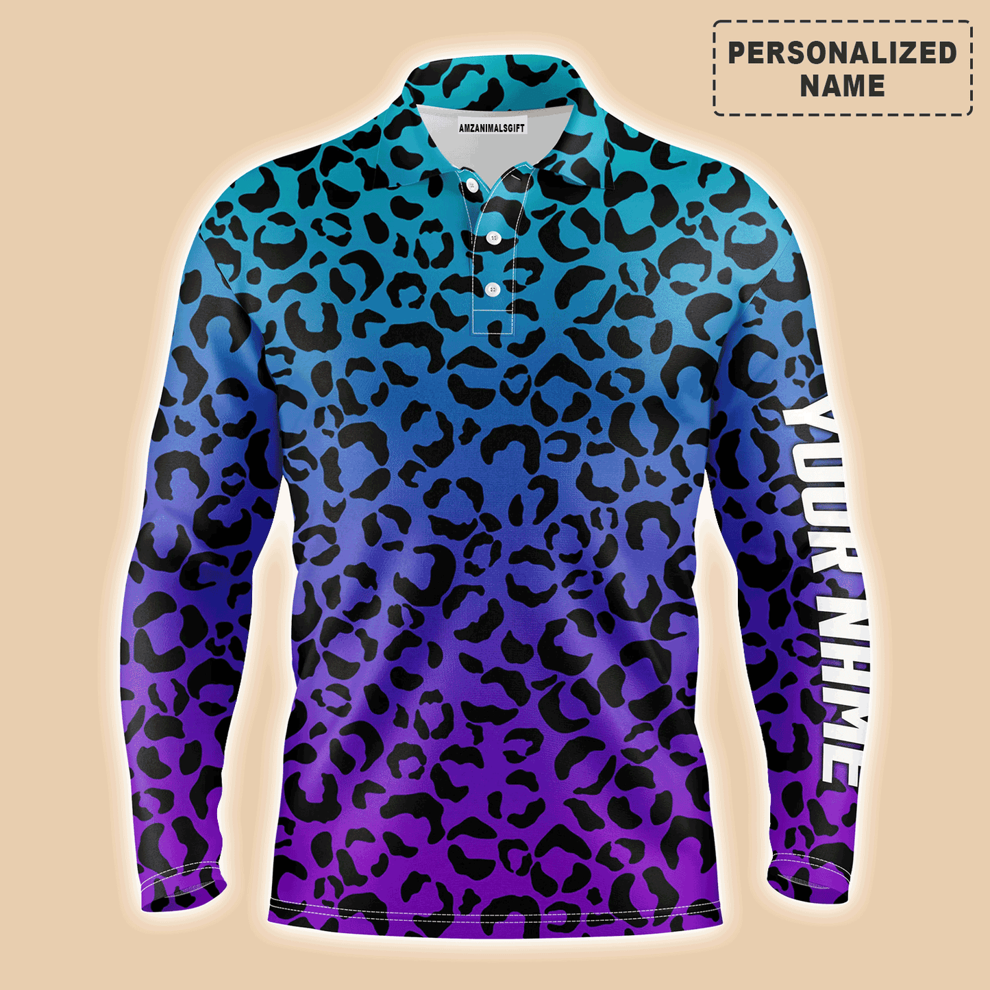 Custom Golf Long Sleeve Men Polo Shirt - Custom Name Blue Purple Neon Leopard Pattern Apparel Men Polo Shirt -  Gift For Men, Golf Lover