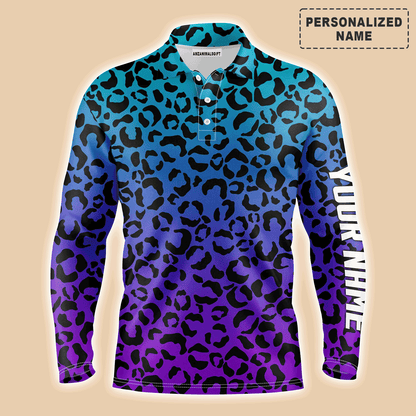 Custom Golf Long Sleeve Men Polo Shirt - Custom Name Blue Purple Neon Leopard Pattern Apparel Men Polo Shirt -  Gift For Men, Golf Lover