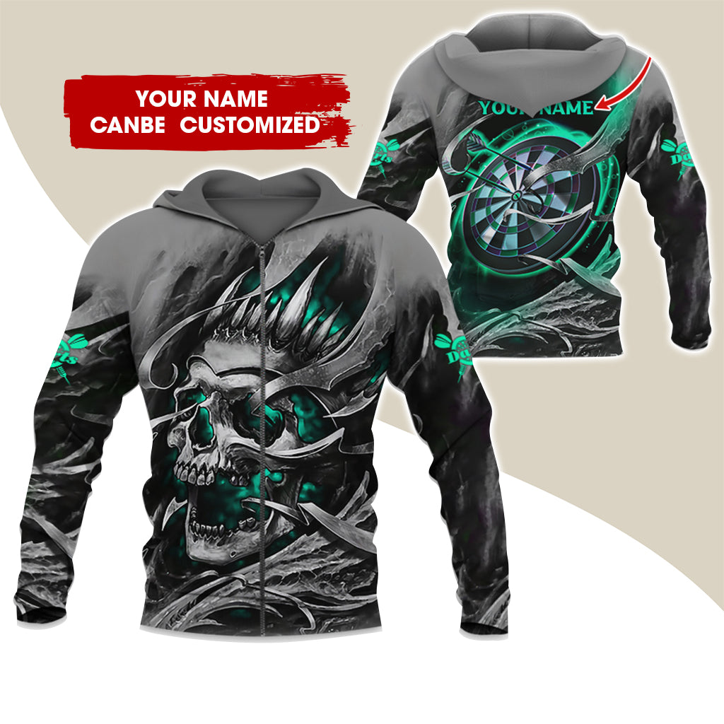 Customized Name Skull Darts Premium Zip Hoodie, Personalized Name Dartboard Zip Hoodie For Men & Women - Gift For Darts Lovers, Darts Players