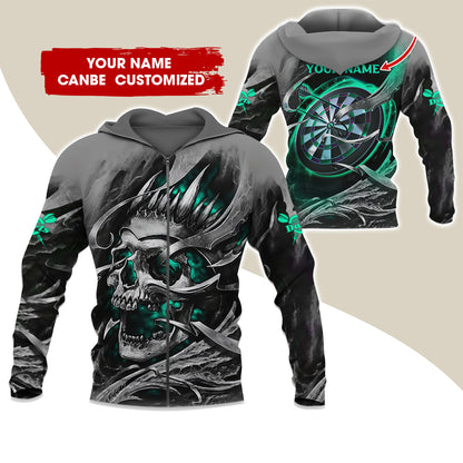 Customized Name Skull Darts Premium Zip Hoodie, Personalized Name Dartboard Zip Hoodie For Men & Women - Gift For Darts Lovers, Darts Players