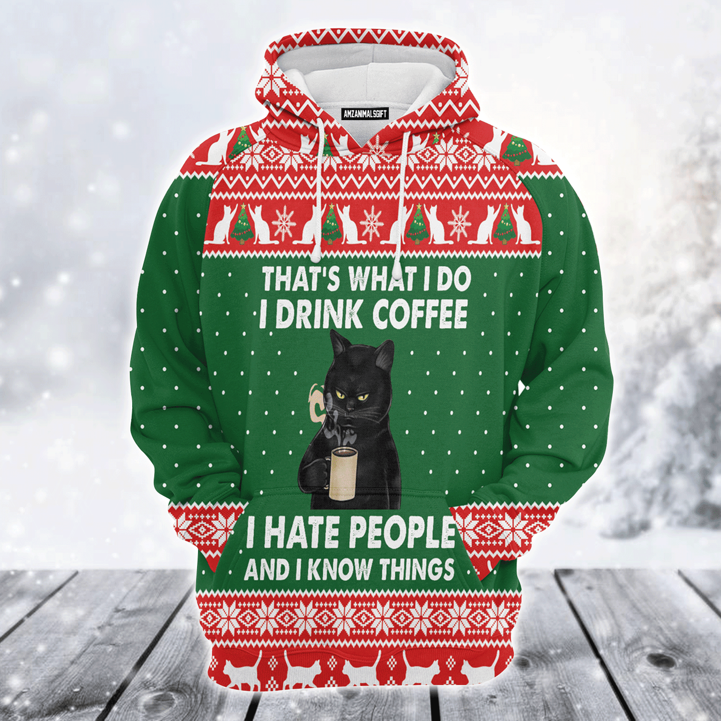 Black Cat Premium Christmas Hoodie, I Drink Coffee I hate People Unisex Hoodie For Men & Women - Perfect Gift For Christmas, Black Cat Lover