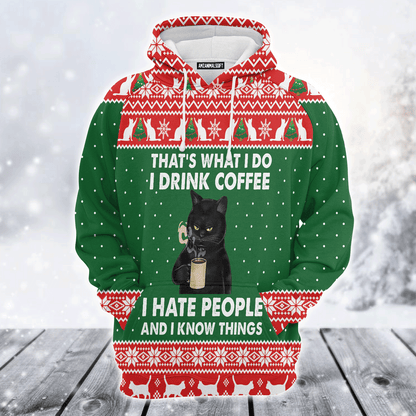 Black Cat Premium Christmas Hoodie, I Drink Coffee I hate People Unisex Hoodie For Men & Women - Perfect Gift For Christmas, Black Cat Lover