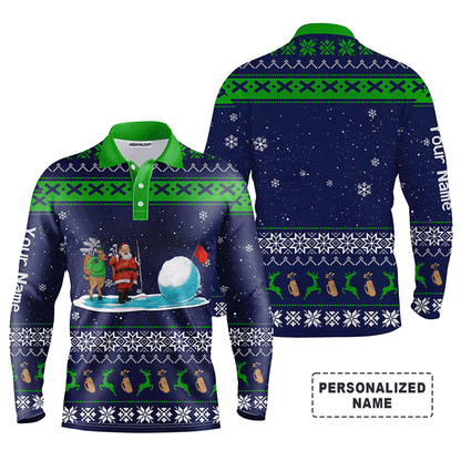 Custom Golf Long Sleeve Men Polo Shirt - Funny Ugly Christmas Pattern Custom Name Apparel - Personalized Gift For Men, Golf Lover