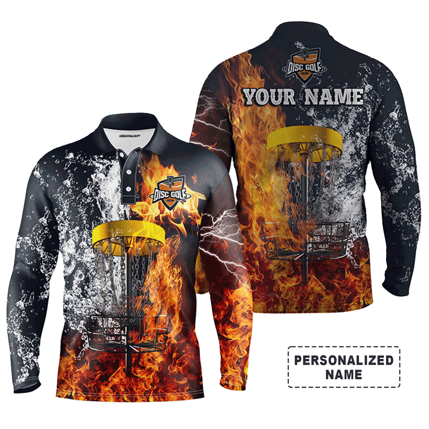 Custom Golf Long Sleeve Men Polo Shirt- Custom Name Fire And Water Disc Golf Basket Apparel- Best Sports Gifts For Disc Golf Lover