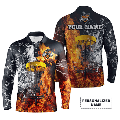 Custom Golf Long Sleeve Men Polo Shirt- Custom Name Fire And Water Disc Golf Basket Apparel- Best Sports Gifts For Disc Golf Lover