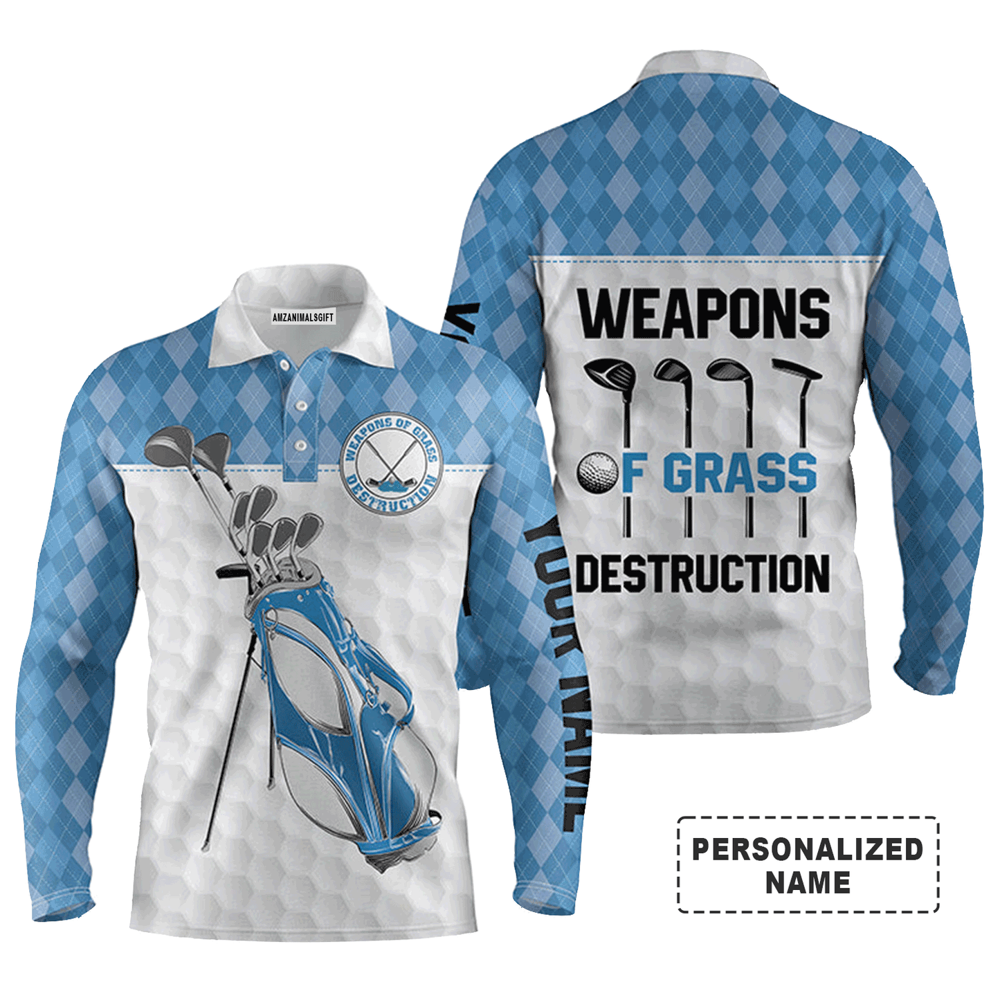 Custom Golf Long Sleeve Men Polo Shirt - Golf Bag Clubs Custom Name Apparel - Weapons Of Grass Destruction - Personalized Gift For Men, Golf Lover