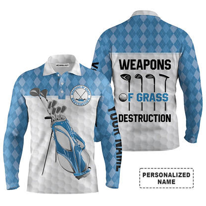 Custom Golf Long Sleeve Men Polo Shirt - Golf Bag Clubs Custom Name Apparel - Weapons Of Grass Destruction - Personalized Gift For Men, Golf Lover