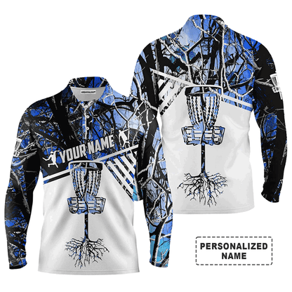 Custom Golf Long Sleeve Men Polo Shirt-Blue Camo Custom Name Disc Golf Basket Apparel-Personalized Sports Gift For men, Golf Lover