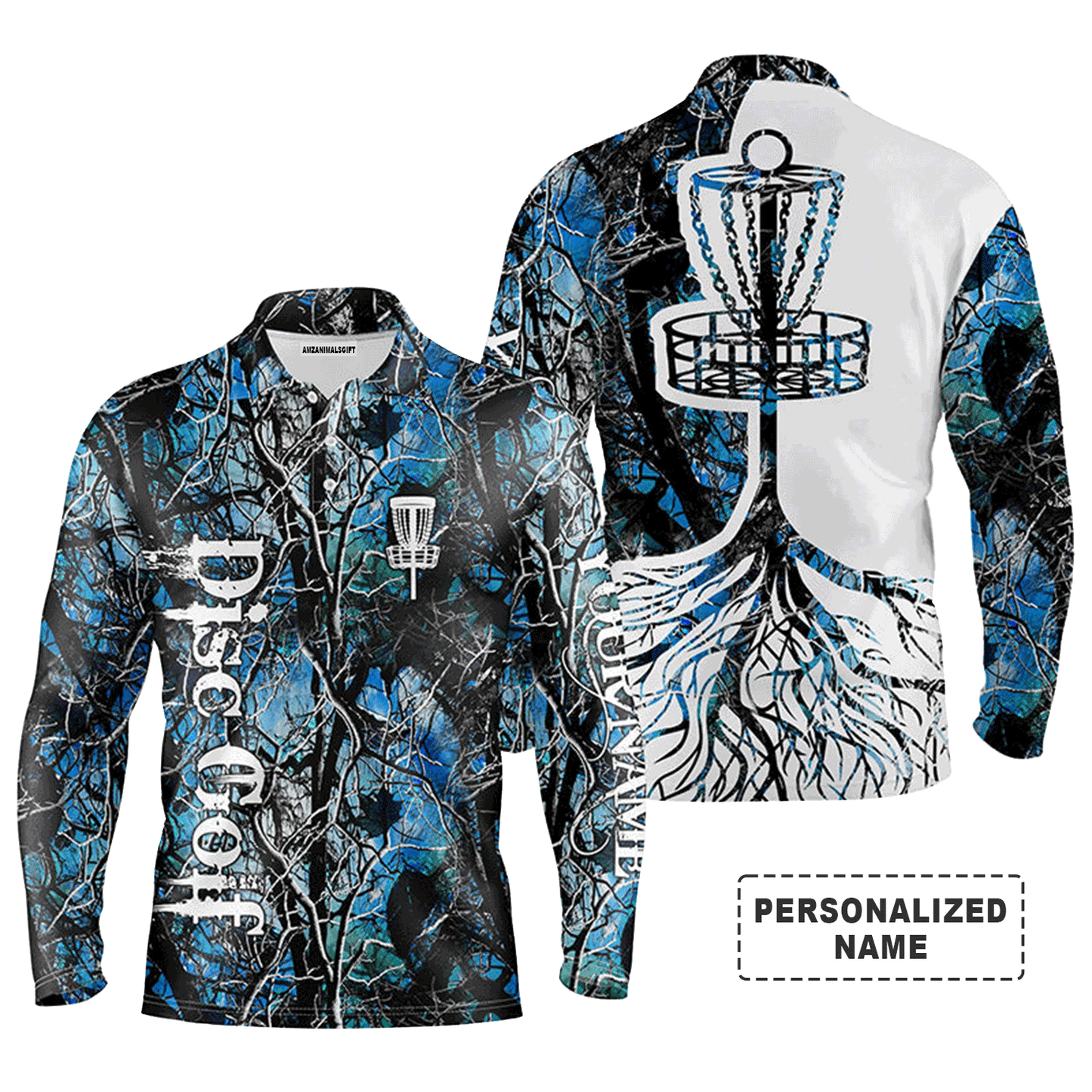 Custom Disc Golf Long Sleeve Men Polo Shirt - Custom Name Blue Camo Disc Golf Basket Apparel - Personalized Gift For Men, Disc Golf Lover