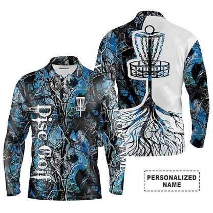 Custom Disc Golf Long Sleeve Men Polo Shirt - Custom Name Blue Camo Disc Golf Basket Apparel - Personalized Gift For Men, Disc Golf Lover