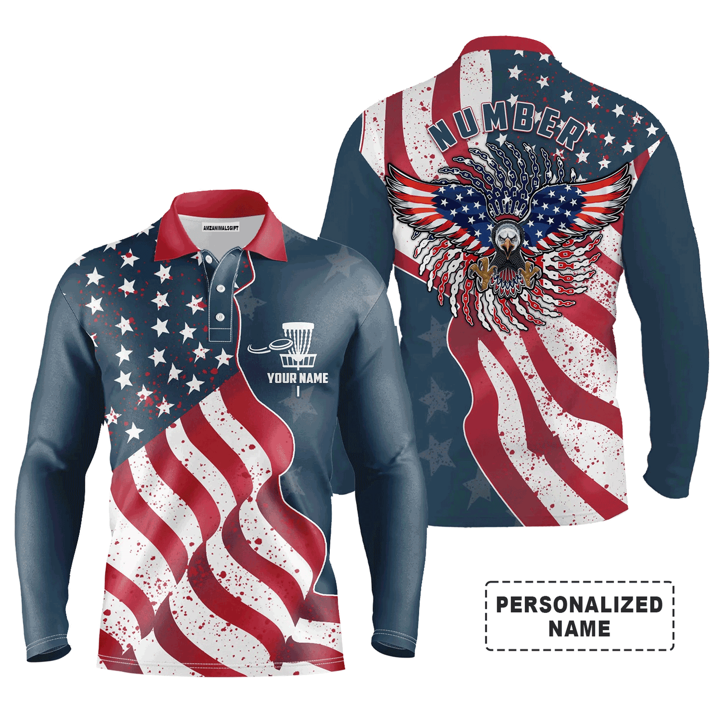 Custom Disc Golf Long Sleeve Men Polo Shirt - Custom Name And Number Eagle American Flag Men Polo Shirt For Men, Disc Golf Lover