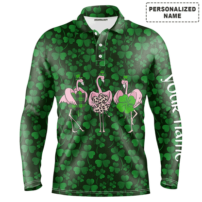 Custom Golf Long Sleeve Men Polo Shirt - Funny Custom Name Green Clover St Patrick's Day Background Flamingo Polo Shirt For Men, Golf Lover