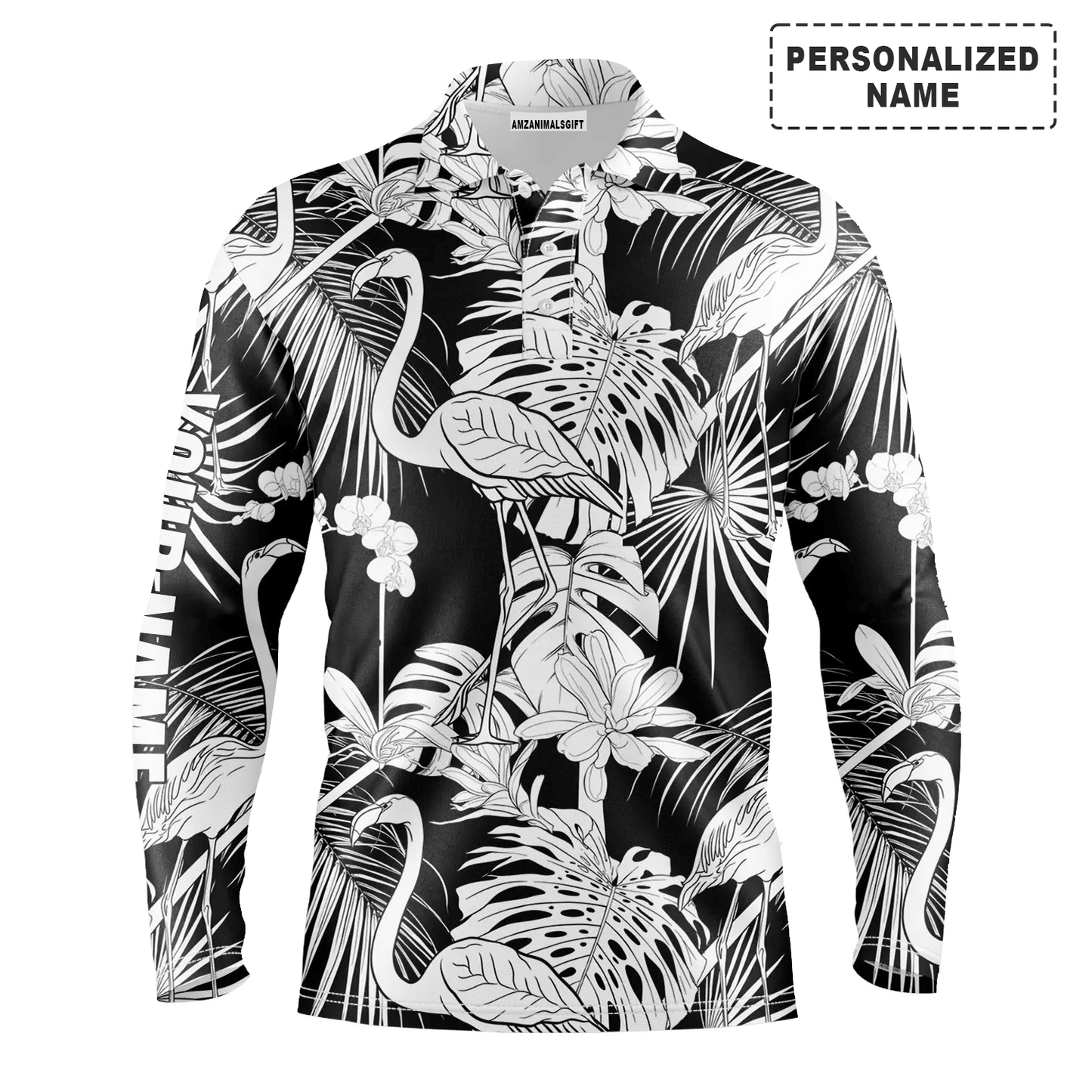 Custom Golf Long Sleeve Men Polo Shirt - Black And White Tropical Plants Flamingo Custom Name Apparel - Personalized Gift For Men, Golf Lover