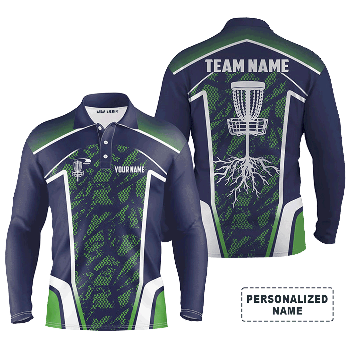 Custom Disc Golf Long Sleeve Men Polo Shirt - Disc Golf Custom Name and Team Men Polo Shirt- Hole Blue Green Camo Apparel - Perfect Polo Shirt For Men