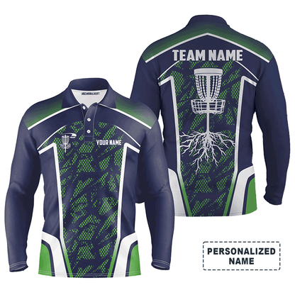 Custom Disc Golf Long Sleeve Men Polo Shirt - Disc Golf Custom Name and Team Men Polo Shirt- Hole Blue Green Camo Apparel - Perfect Polo Shirt For Men