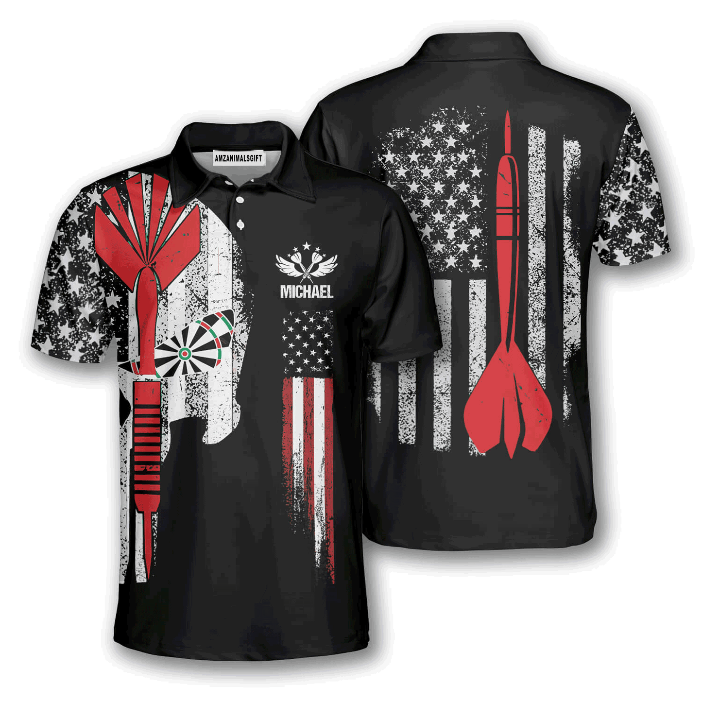 Customized Darts Men Polo Shirt, Personalized Name Skull Darts American Flag Polo Shirt For Men, Darts Lovers