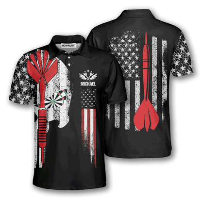 Customized Darts Men Polo Shirt, Personalized Name Skull Darts American Flag Polo Shirt For Men, Darts Lovers