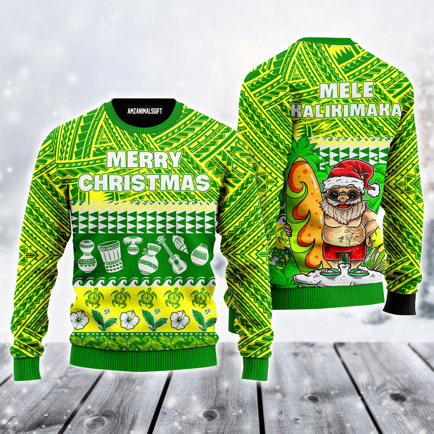 Santa Surf Ugly Sweater, Merry Christmas Funny Hawaii Pattern Ugly Sweater, Green & Yellow Sweater For Men & Women, Perfect Gift For Christmas, Friends, Family