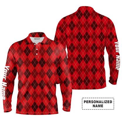 Custom Golf Long Sleeve Men Polo Shirt-Custom Name Funny Christmas Plaid Argyle Pattern Apparel Men Polo Shirt For Men, Golf Lover
