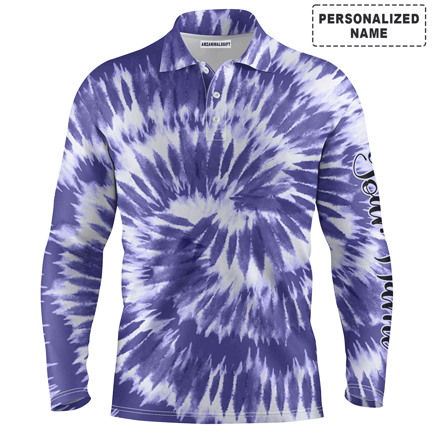 Golf Men Polo Shirt - Custom Name Violet Purple Tie Dye Background Apparel Men Golf Polo Shirt - Personalized Gift For Golf Lover, Male, Husband, Team Golf