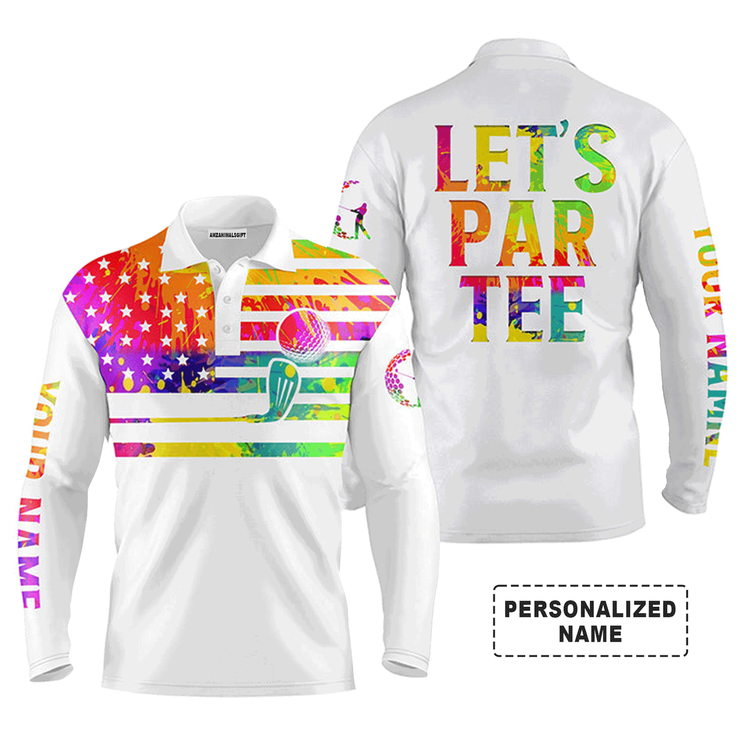 Custom Golf Long Sleeve Men Polo Shirt - Custom Name Watercolor American Flag White Apparel, Let’s Par Tee Men Golf Polo Shirt