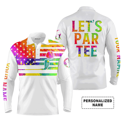 Custom Golf Long Sleeve Men Polo Shirt - Custom Name Watercolor American Flag White Apparel, Let’s Par Tee Men Golf Polo Shirt