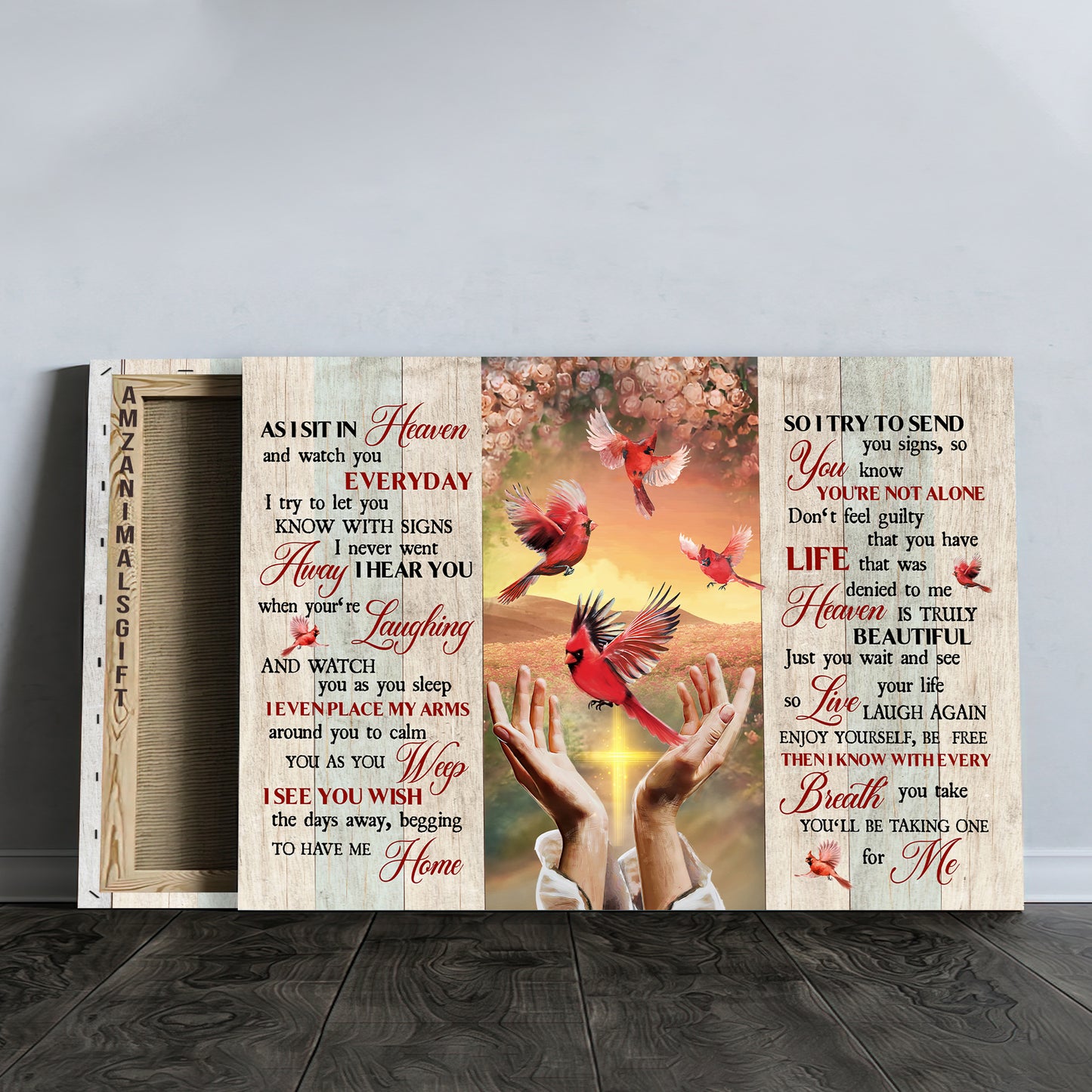 Memorial Premium Wrapped Landscape Canvas - Beautiful Cardinal, Rose Background, Pretty Sunset, As I Sit In Heaven - Perfect Gift For Members Family