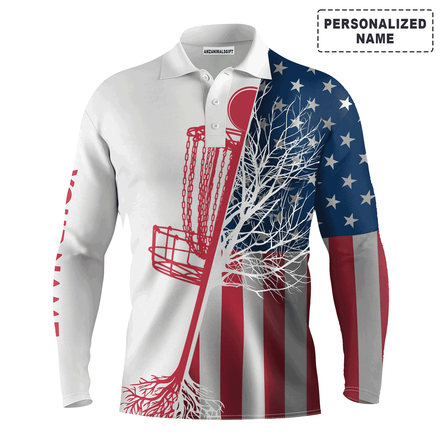 Custom Golf Long Sleeve Men Polo Shirt - American Flag Disc Golf Basket Custom Name Apparel - Personalized Gift For Disc Golf Lover, Team, 4th July