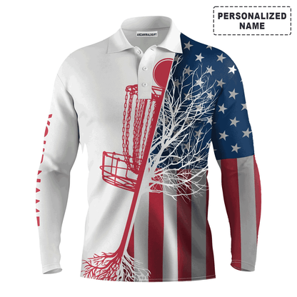 Custom Golf Long Sleeve Men Polo Shirt - American Flag Disc Golf Basket Custom Name Apparel - Personalized Gift For Disc Golf Lover, Team, 4th July