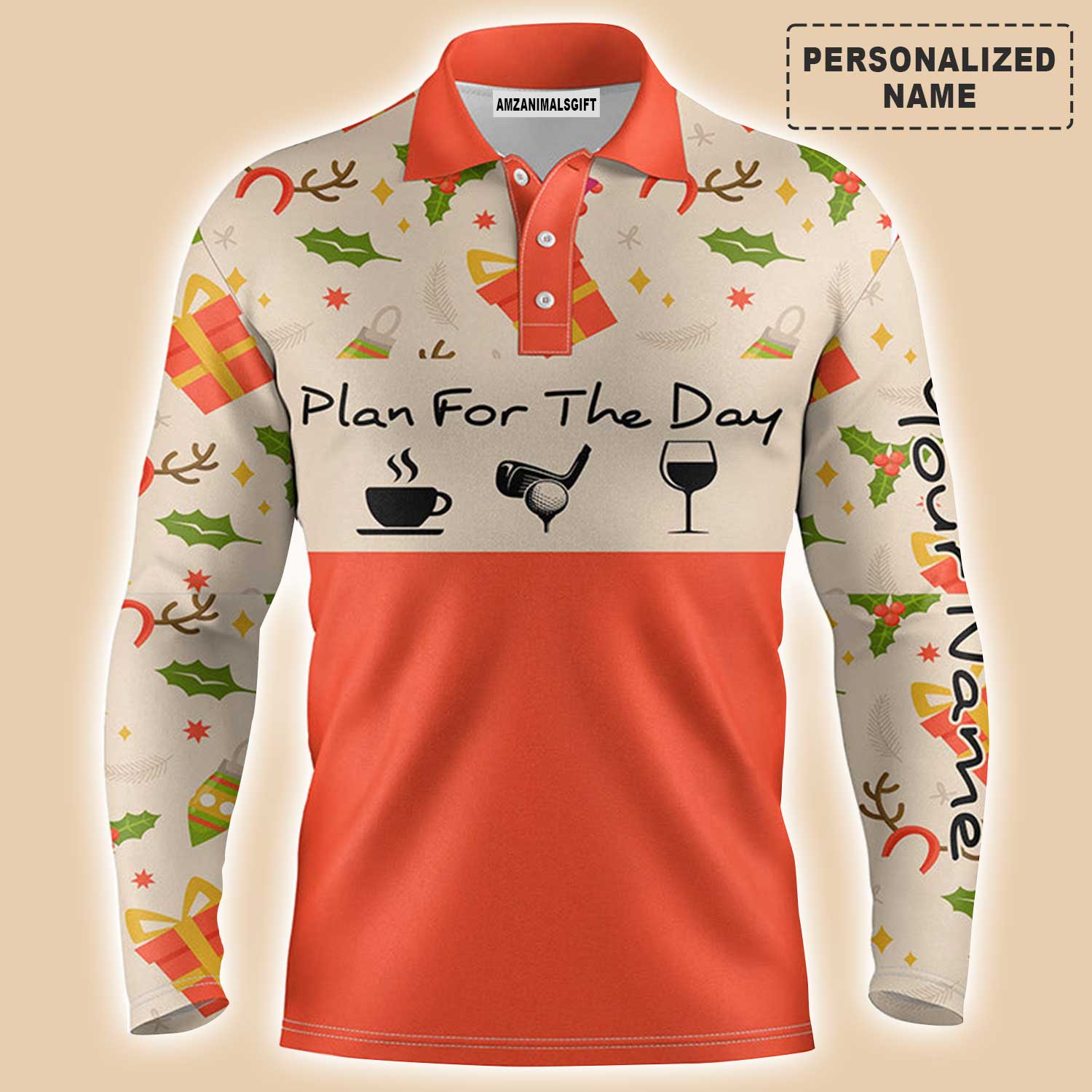Custom Golf Long Sleeve Men Polo Shirt - Funny Christmas Pattern Custom Name Apparel, Plan For The Day Coffee Golf Men Polo Shirt - Perfect Polo Shirt For Men