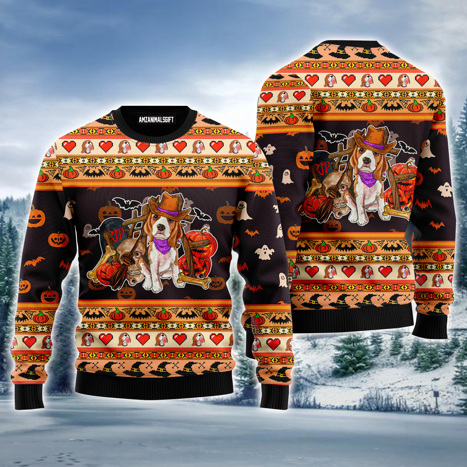 Beagle Dog Ugly Sweater, Halloween Funny Beagle Dog & Pumpkin Ugly Sweater For Men & Women, Perfect Gift For Beagle Lovers, Friends, Family