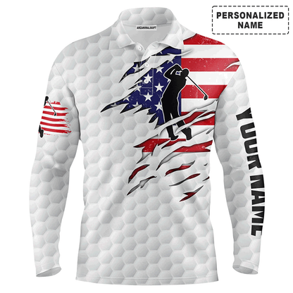 Custom Golf Long Sleeve Men Polo Shirt - Custom Name American Flag Patriot White Golf Balls Apparel For Men, Golf Lover