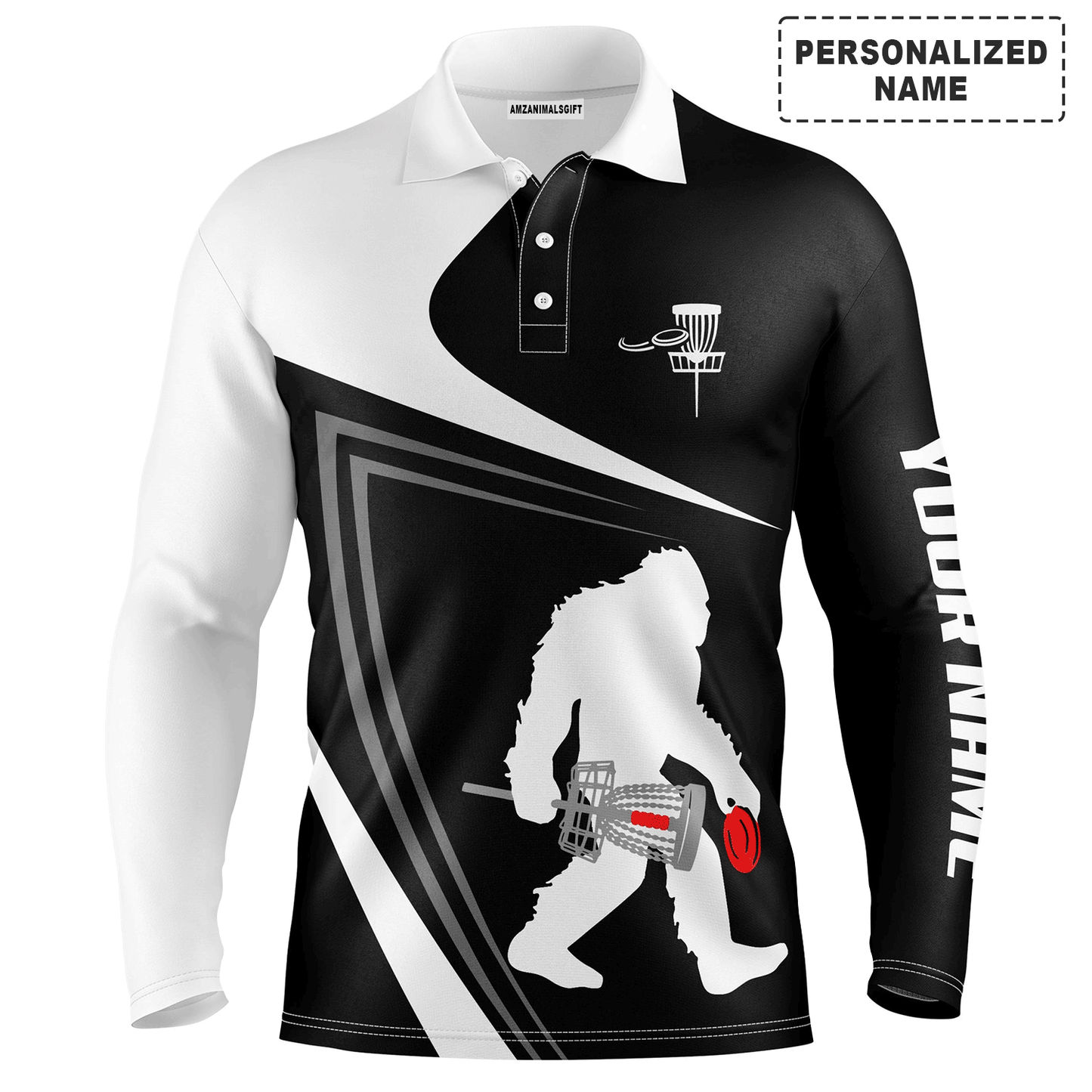 Custom Golf Long Sleeve Men Polo Shirt - Custom Name Black And White Bigfoot Sasquatch Funny Apparel Polo Shirt For Men, Disc Golf Lover