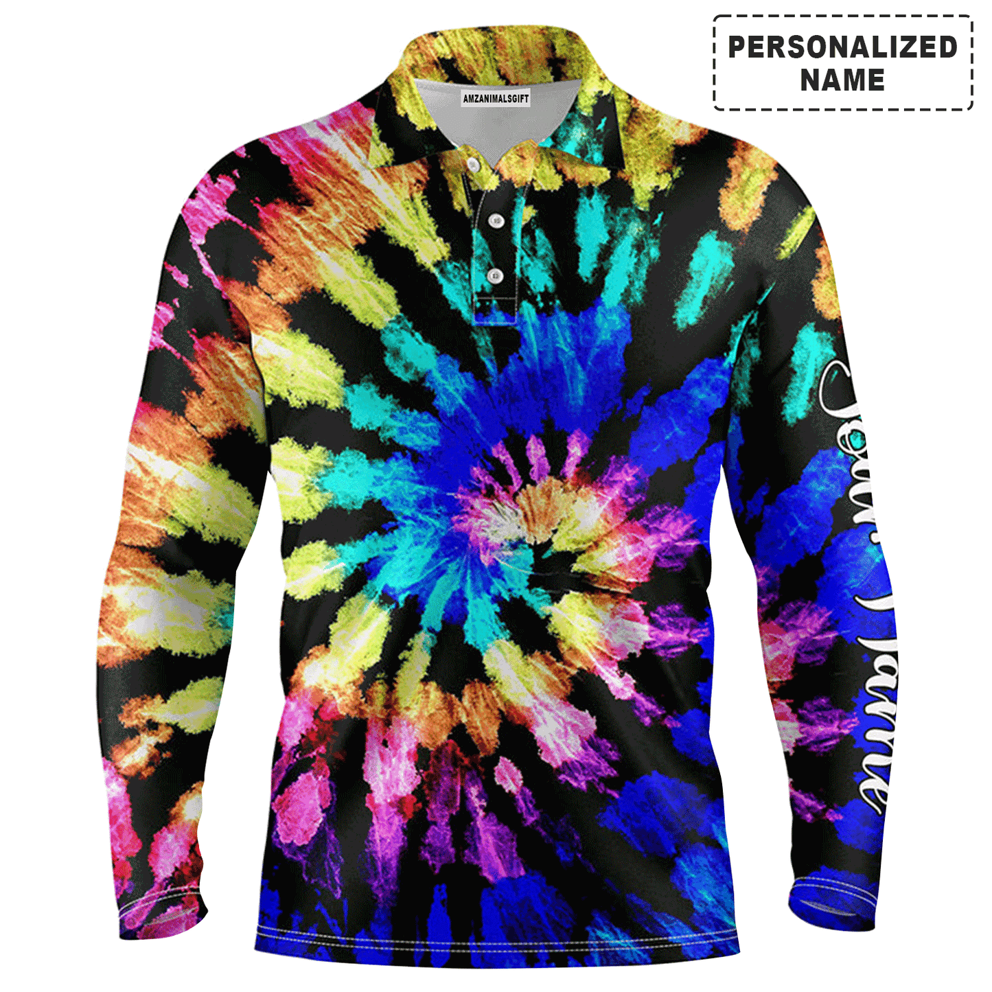 Custom Golf Long Sleeve Men Polo Shirt - Custom Name Tie Dye Pattern Apparel - Personalized Gift For Golf Lover, Men