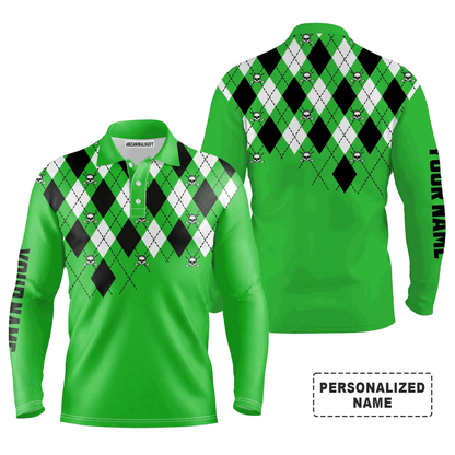 Custom Golf Long Sleeve Men Polo Shirt-Custom Name Green Argyle Plaid Golf Skull Pattern Apparel Men Polo Shirt- Personalized Gift For Men, Golf Lover