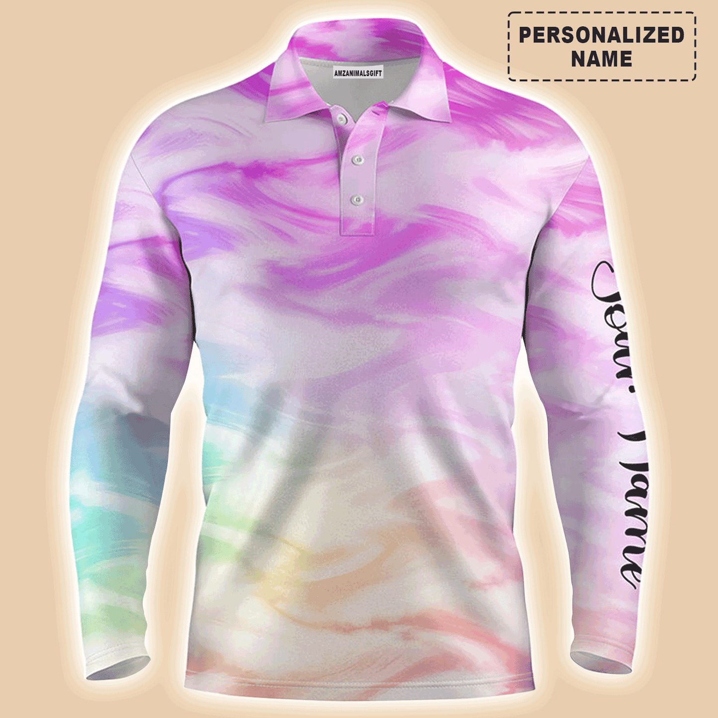 Custom Golf Long Sleeve Men Polo Shirt - Colorful Watercolor Paint Pattern Custom Name Apparel - Personalized Gift For Men, Golf Lover