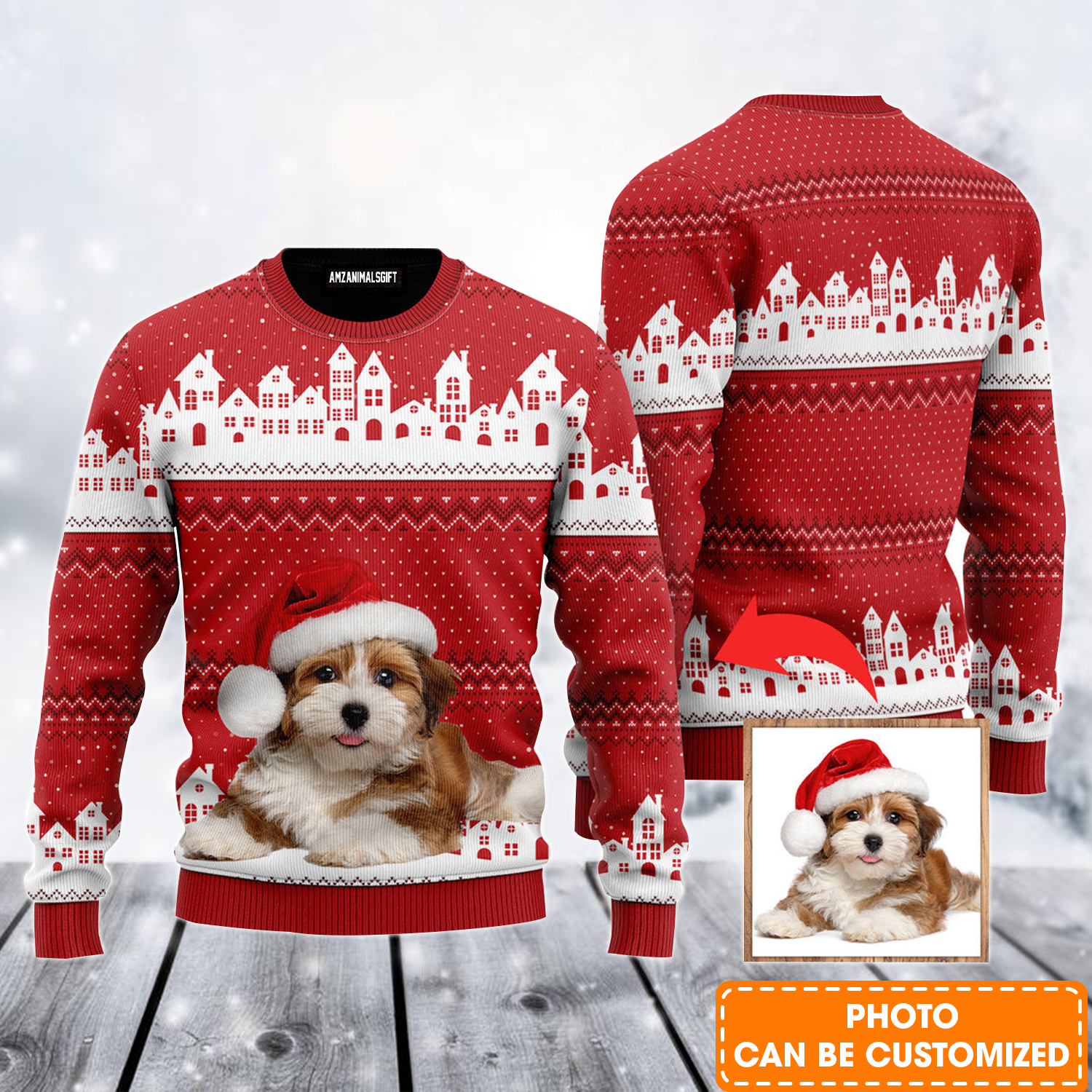 Personalized Photo Ugly Sweater, Funny Christmas House Pattern Red Ugly Sweater For Men & Women, Perfect Gift For Christmas, Friends, Family