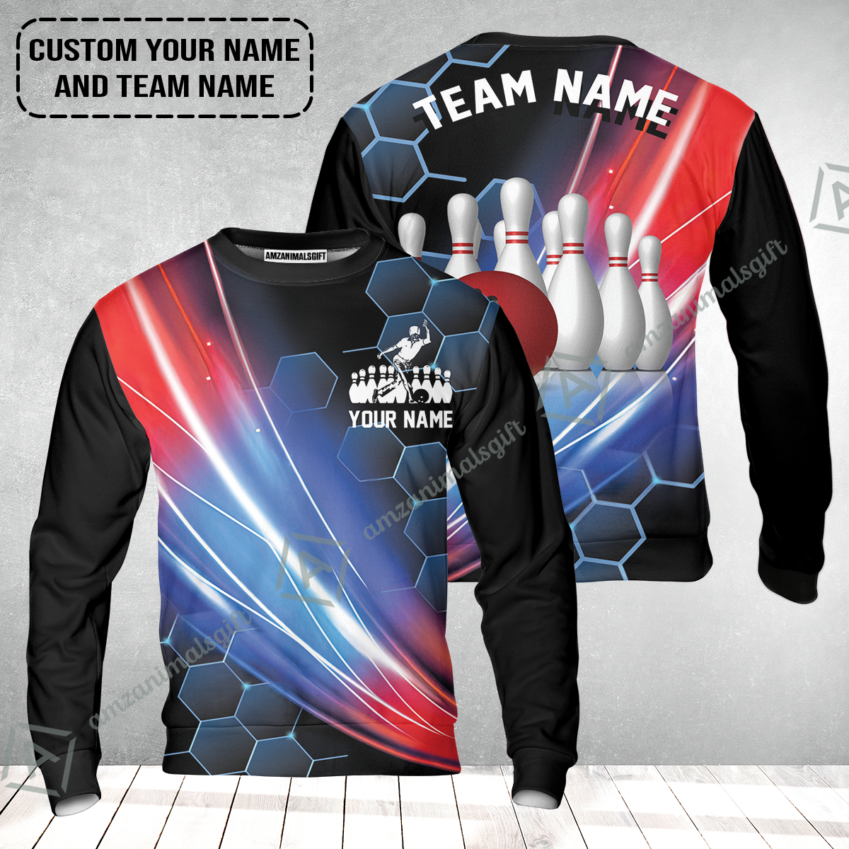 Personalized Bowling Men Hoodie - Custom Name & Team Name Honeycomb Pattern Bowling Hoodie For Men & Women Bowling Lover