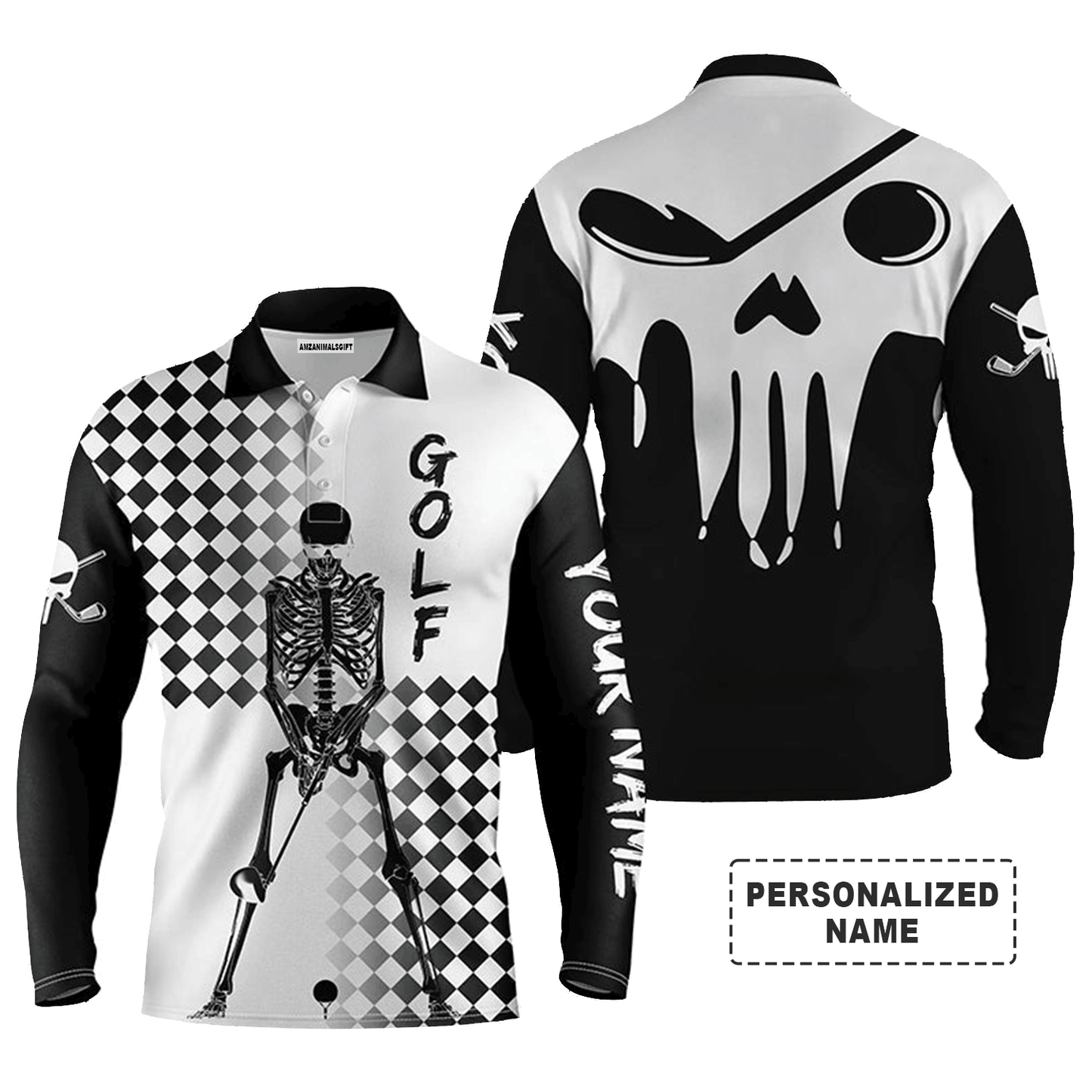 Custom Golf Long Sleeve Men Polo Shirt- Custom Name Black And White Skull Apparel - Personalized Gift For Men, Golf Lover