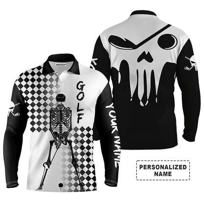 Custom Golf Long Sleeve Men Polo Shirt- Custom Name Black And White Skull Apparel - Personalized Gift For Men, Golf Lover