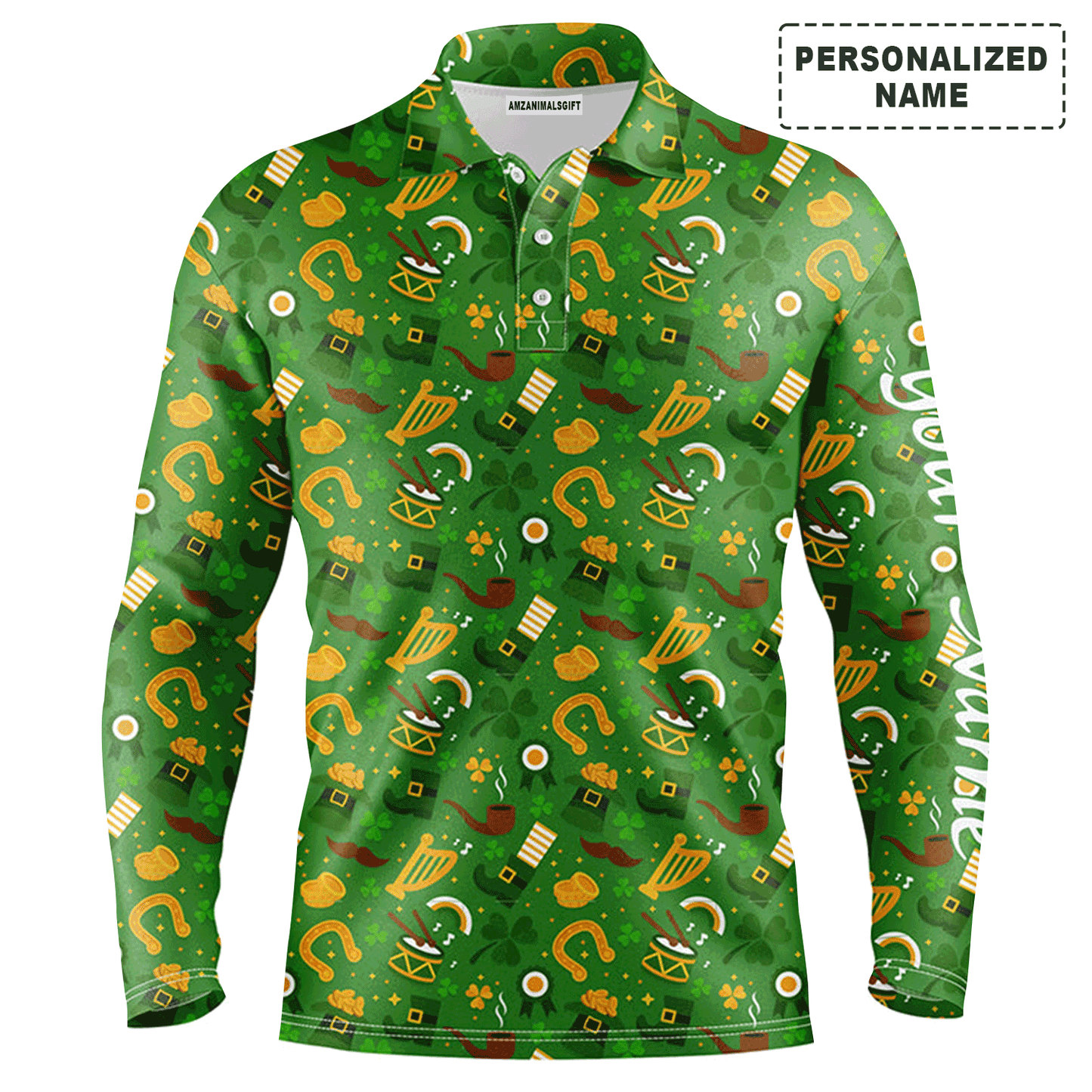 Custom Golf Long Sleeve Men Polo Shirt-Saint Patrick's Day Green Pattern Custom Name Apparel-Personalized Gift For Men, Golf Lover