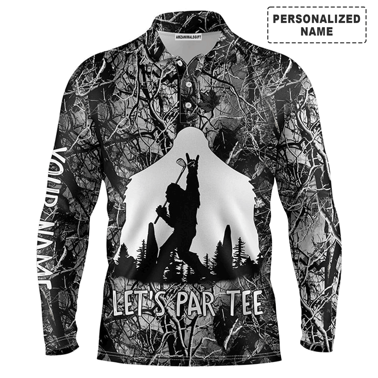 Custom Golf Long Sleeve Men Polo Shirt - Bigfoot Golf Custom Name Men Polo Shirt, Funny Bigfoot Let's Par Tee Polo Shirt For Men, Golf Lover