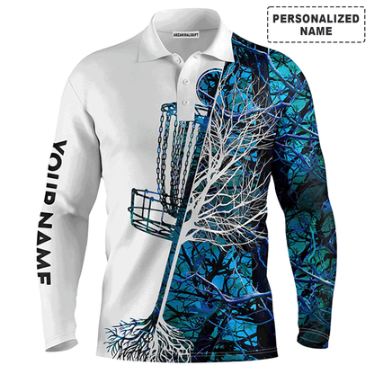 Custom Disc Golf Long Sleeve Men Polo Shirt, Custom Name Blue Camo Basket Apparel - Perfect Gift For Men, Golf Disc Lover